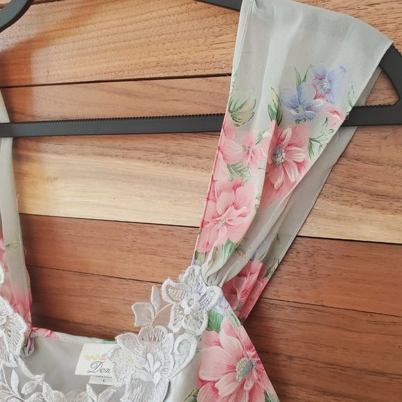 Dentelle Light Blue Floral Short Nightgown with Sheer Shoulder Straps and Lace L - Picture 2 of 9